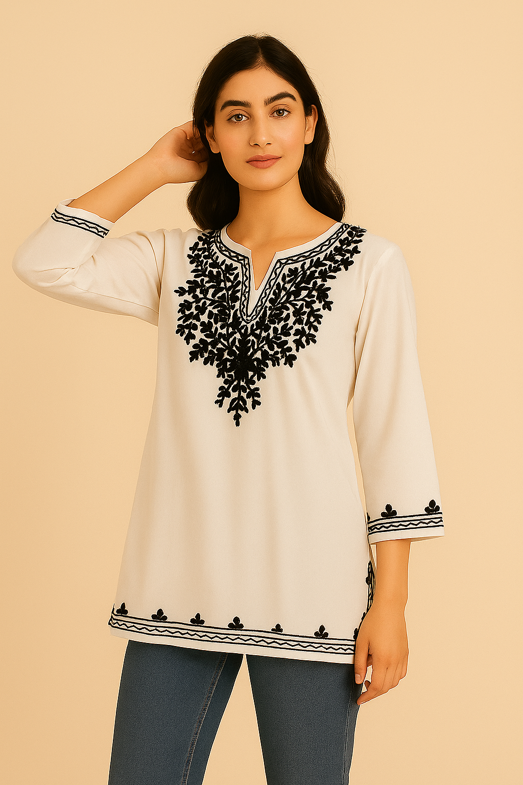 Off-White Cotton Kurti with Black Embroidered Detailing