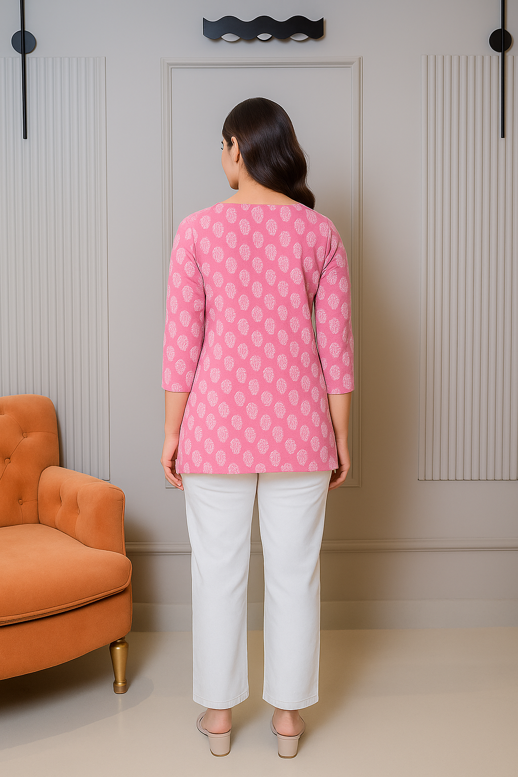 Pink Printed Cotton Kurti with Scalloped Neckline