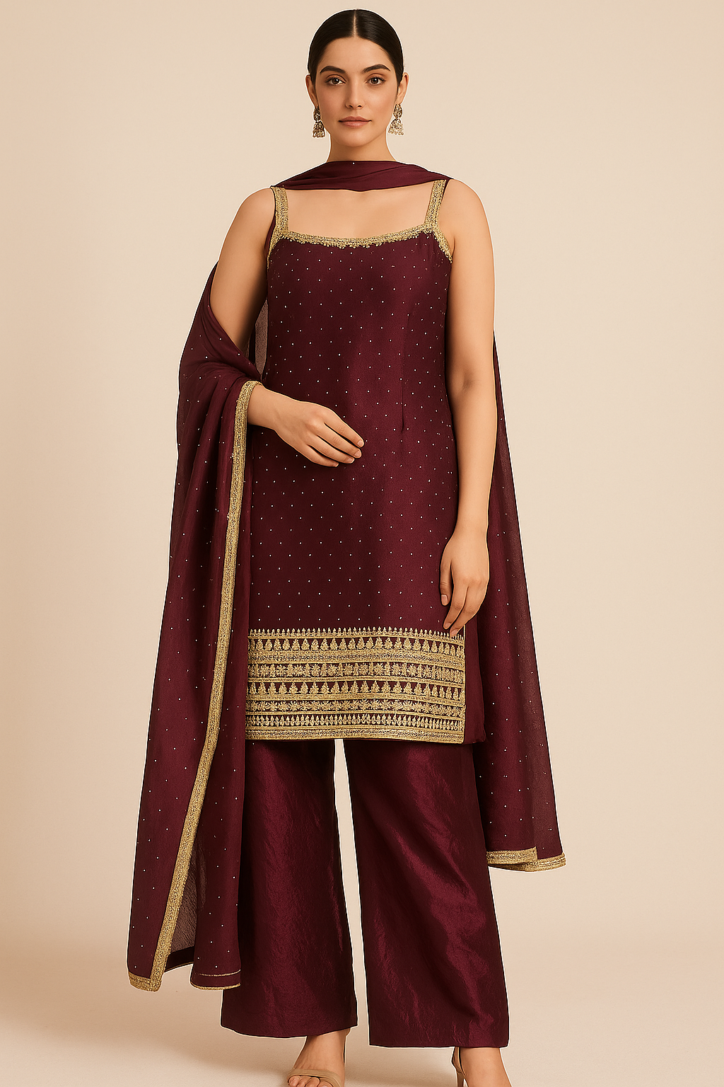 Maroon Embroidered Kurta Sharara Set