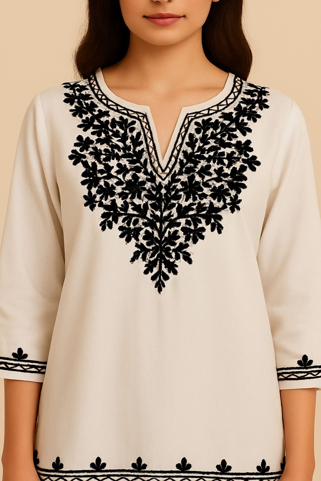 Off-White Cotton Kurti with Black Embroidered Detailing