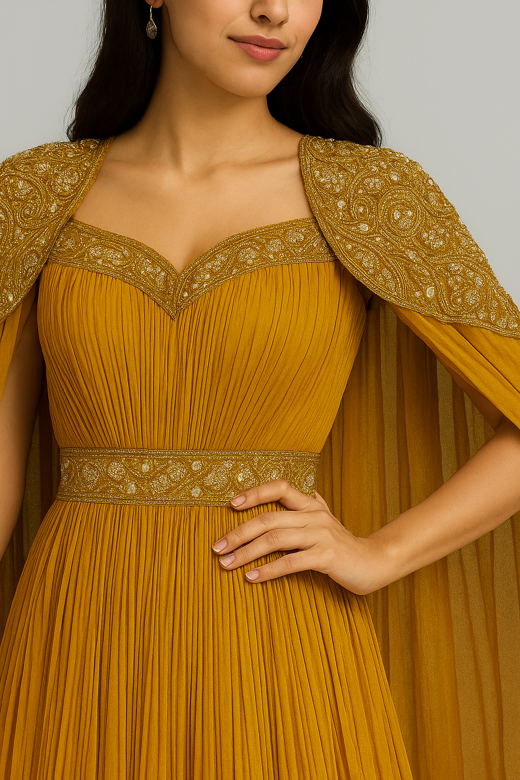 Golden Cape-Style Pleated Rental Gown