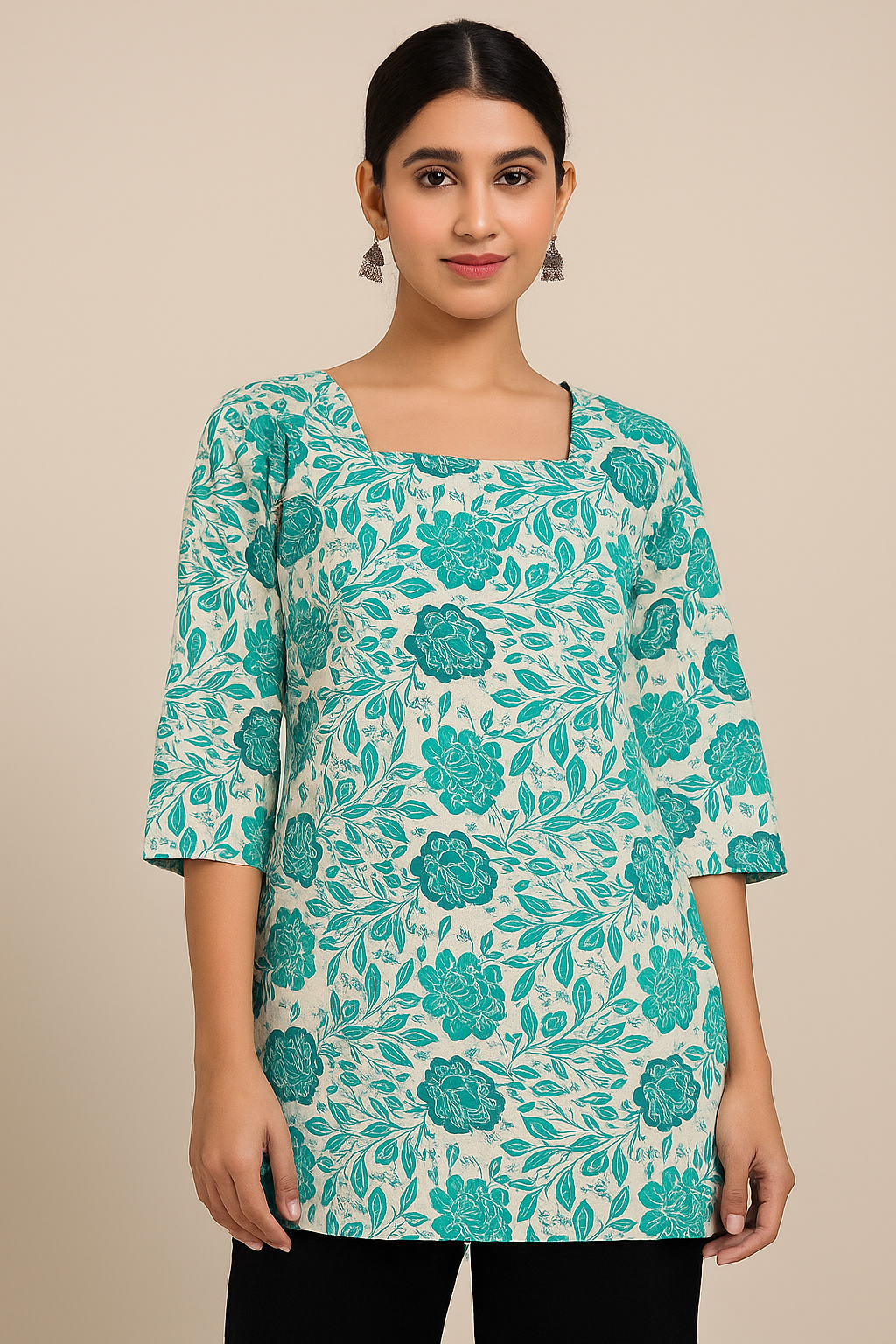 Floral Print Cotton Straight Kurti with Square Neck & 3/4 Sleeves