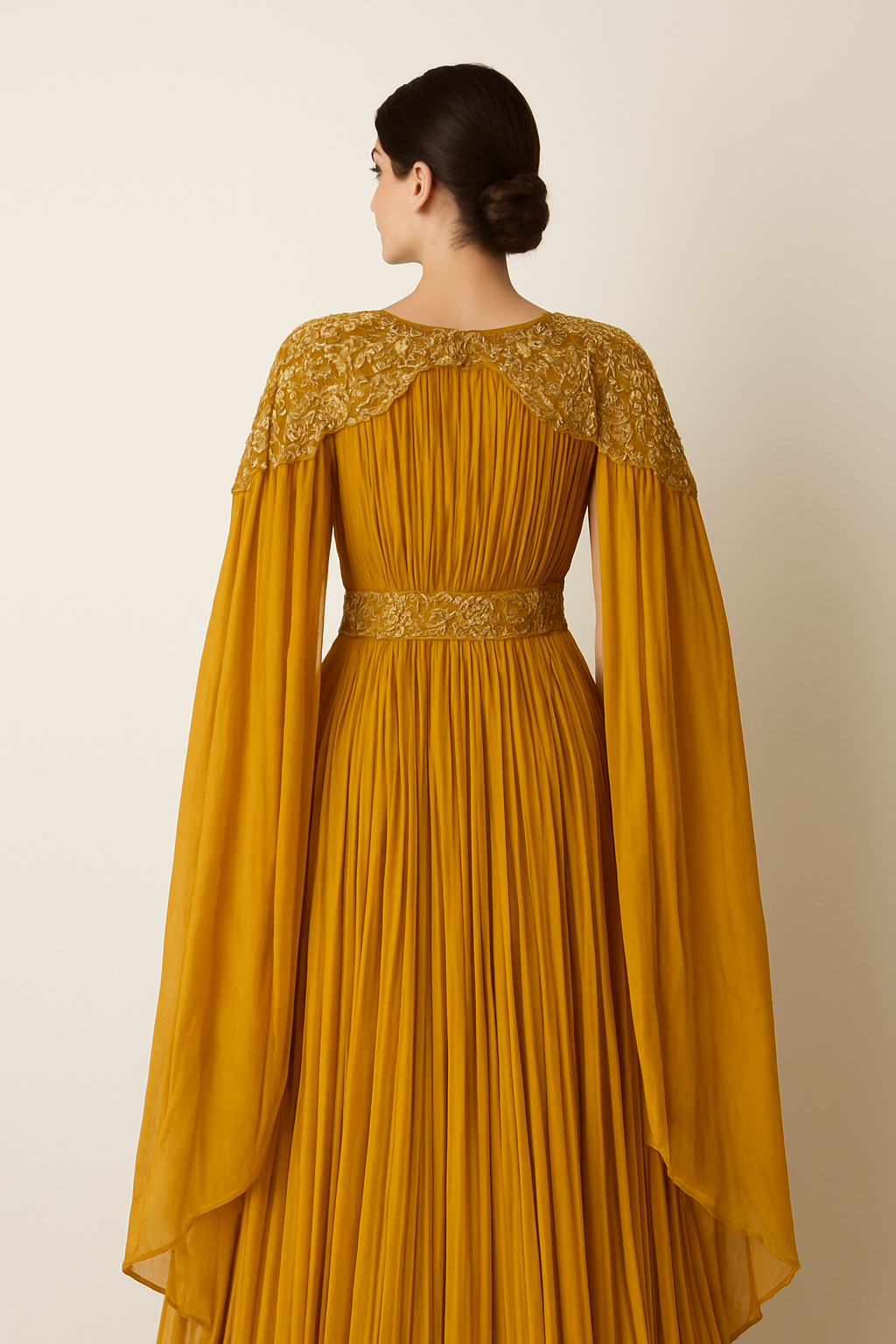 Golden Cape-Style Pleated Rental Gown