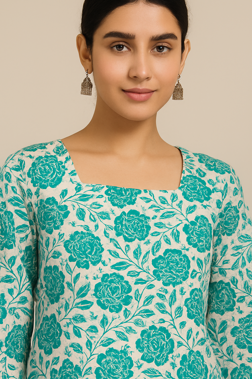 Floral Print Cotton Straight Kurti with Square Neck & 3/4 Sleeves