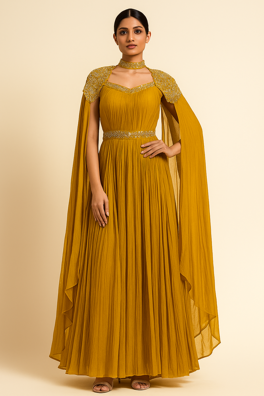 Golden Cape-Style Pleated Rental Gown