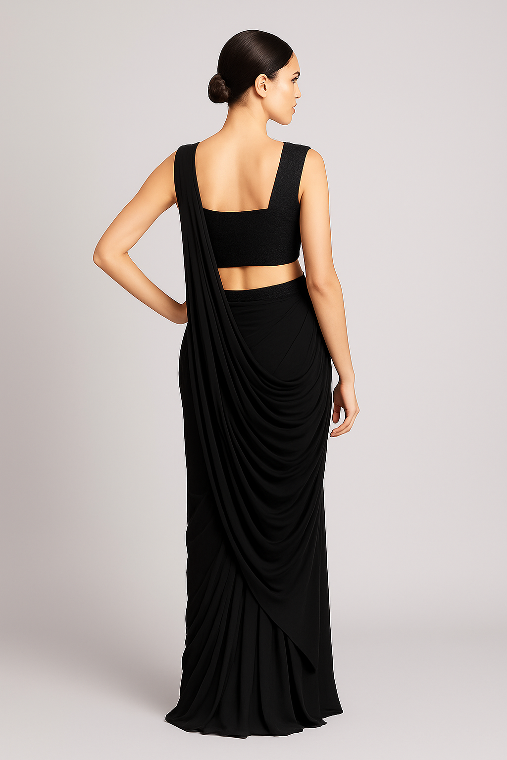 Elegant Black Georgette Pre-Draped Saree with Embellished Blouse