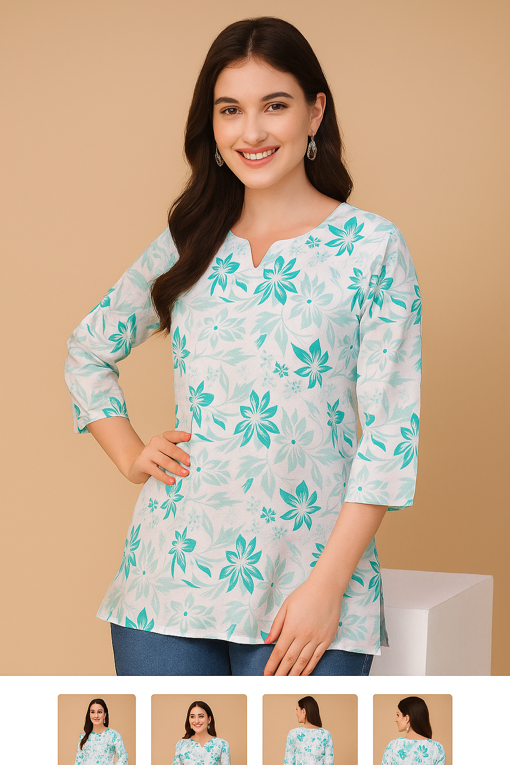 White & Aqua Blue Floral Printed Cotton Kurti Top
