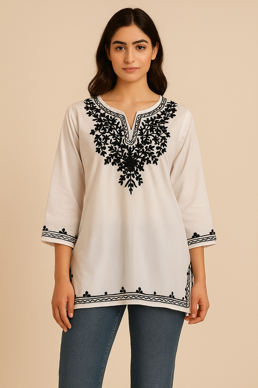 Off-White Cotton Kurti with Black Embroidered Detailing