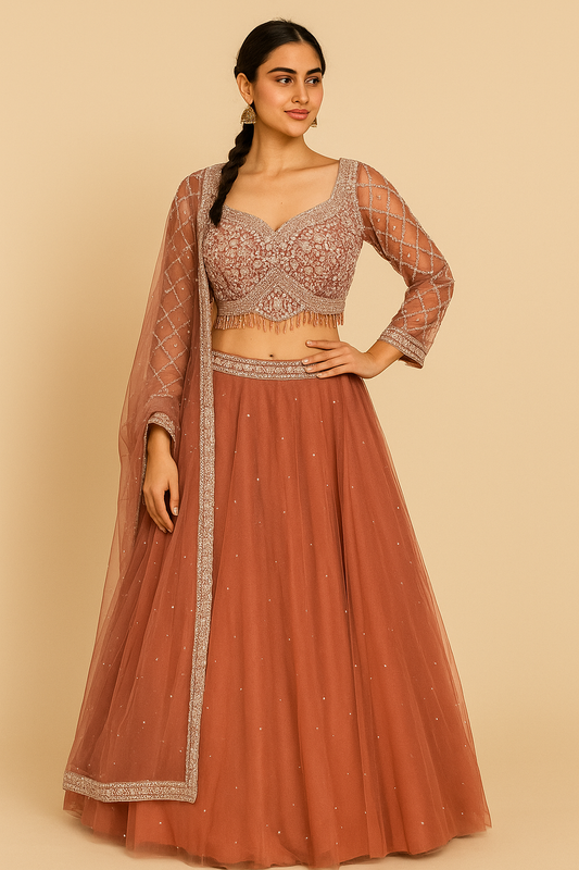 Dusty Rose Embroidered Net Lehenga Set – Available for Rent