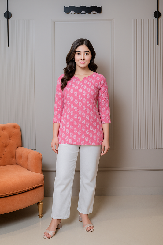 Pink Printed Cotton Kurti with Scalloped Neckline