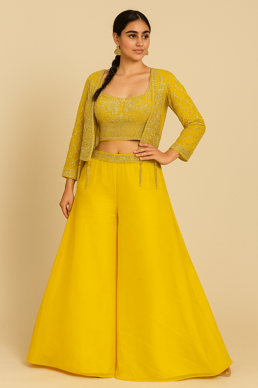 Premium Yellow Koti Style Crop Top Sharara Set – Perfect for Haldi