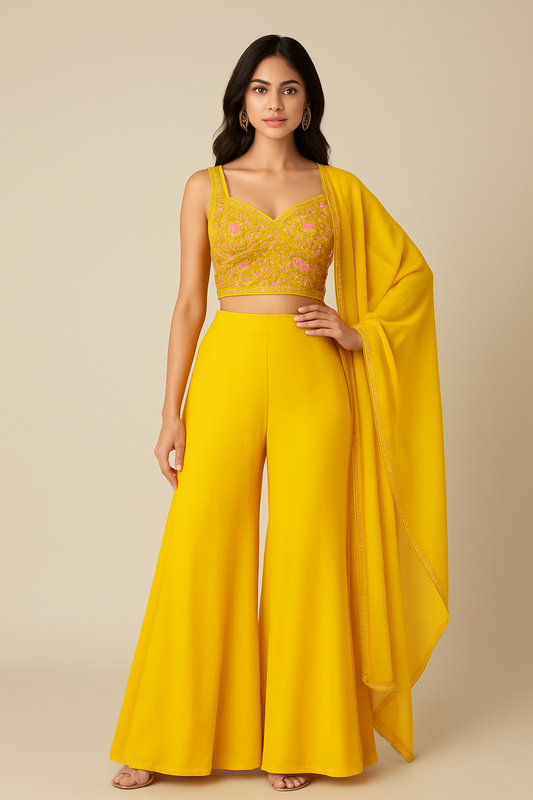 Premium Yellow Koti Style Crop Top Sharara Set – Perfect for Haldi Occasion