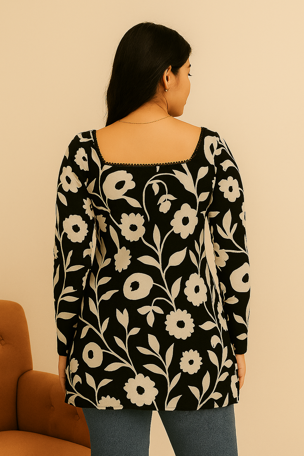 Black Floral Printed Long Sleeve Kurti with Square Neck