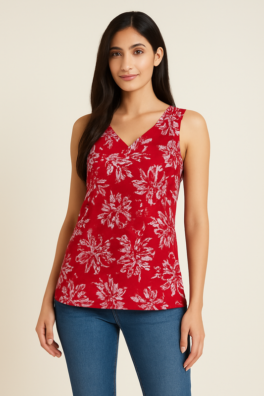 Red Floral Print Sleeveless Top