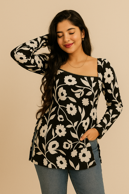 Black Floral Printed Long Sleeve Kurti with Square Neck