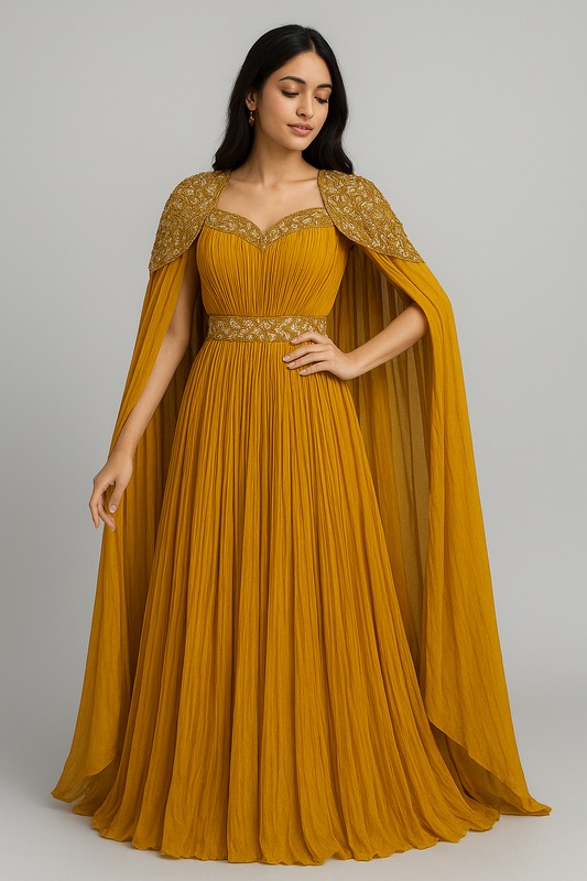 Golden Cape-Style Pleated Rental Gown