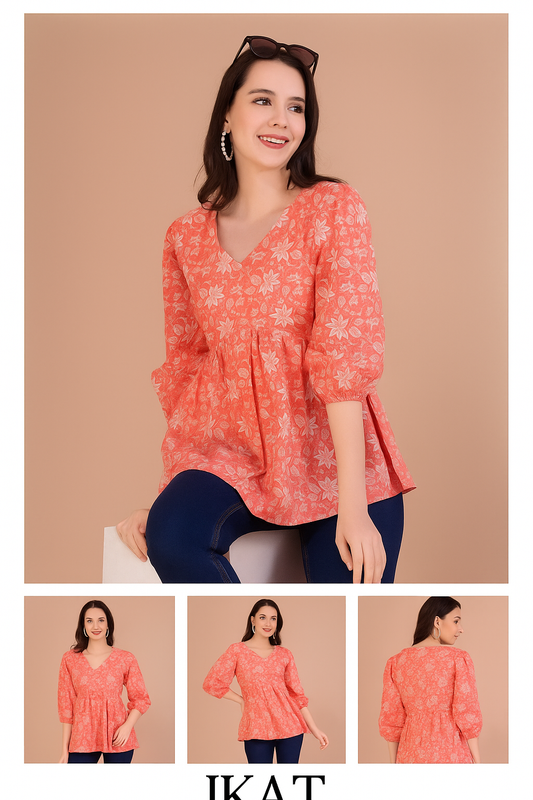 Peach Floral Ikat Printed A-Line Tunic with 3/4 Sleeves