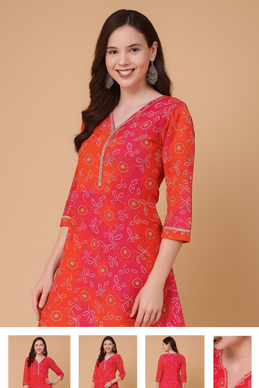 Red-Orange Bandhani Print Straight Kurta with Mirror Work Detail