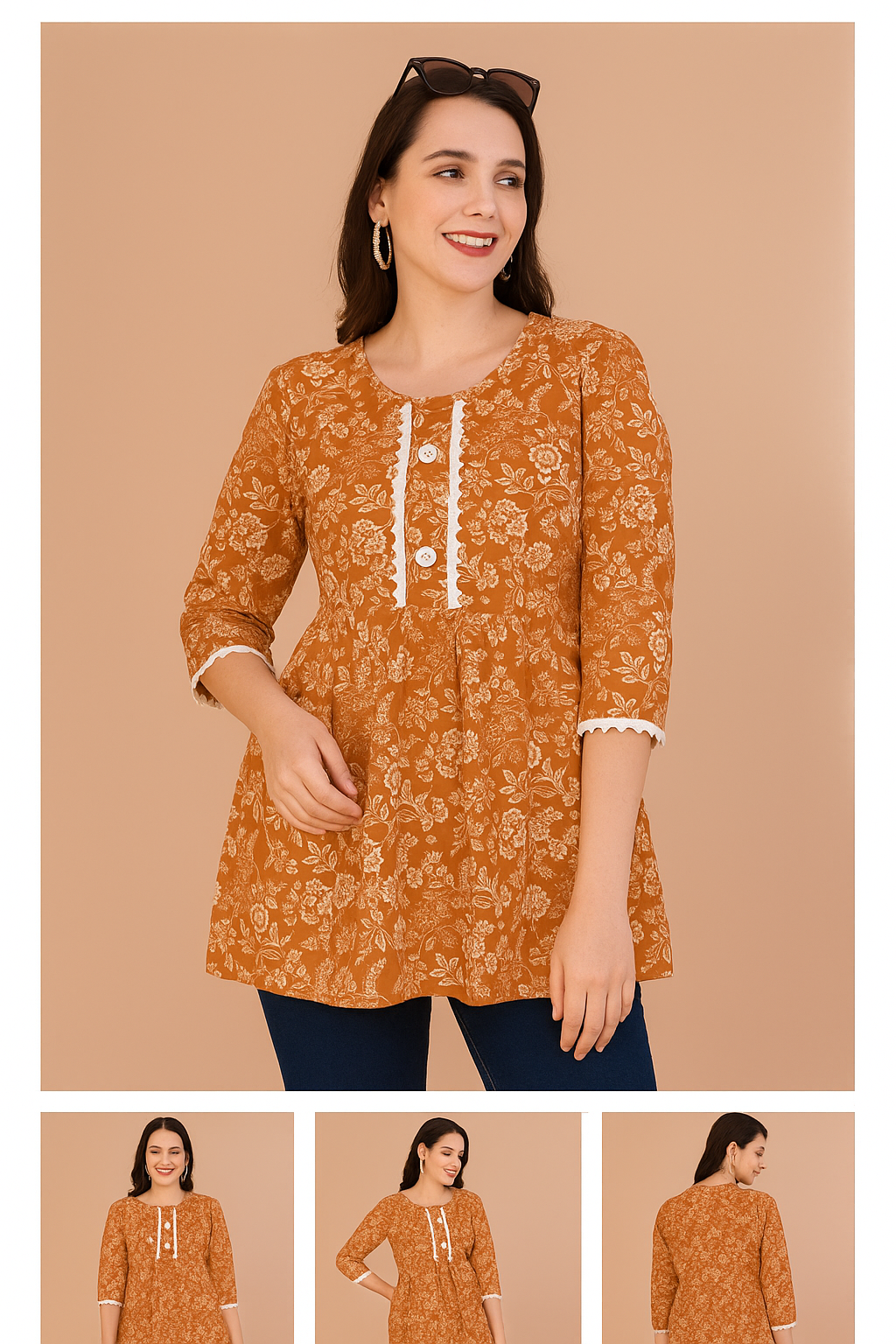 Mustard Floral Printed Cotton A-Line Top with Lace Detail