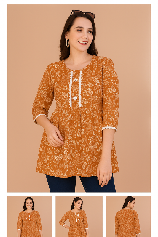 Mustard Floral Printed Cotton A-Line Top with Lace Detail