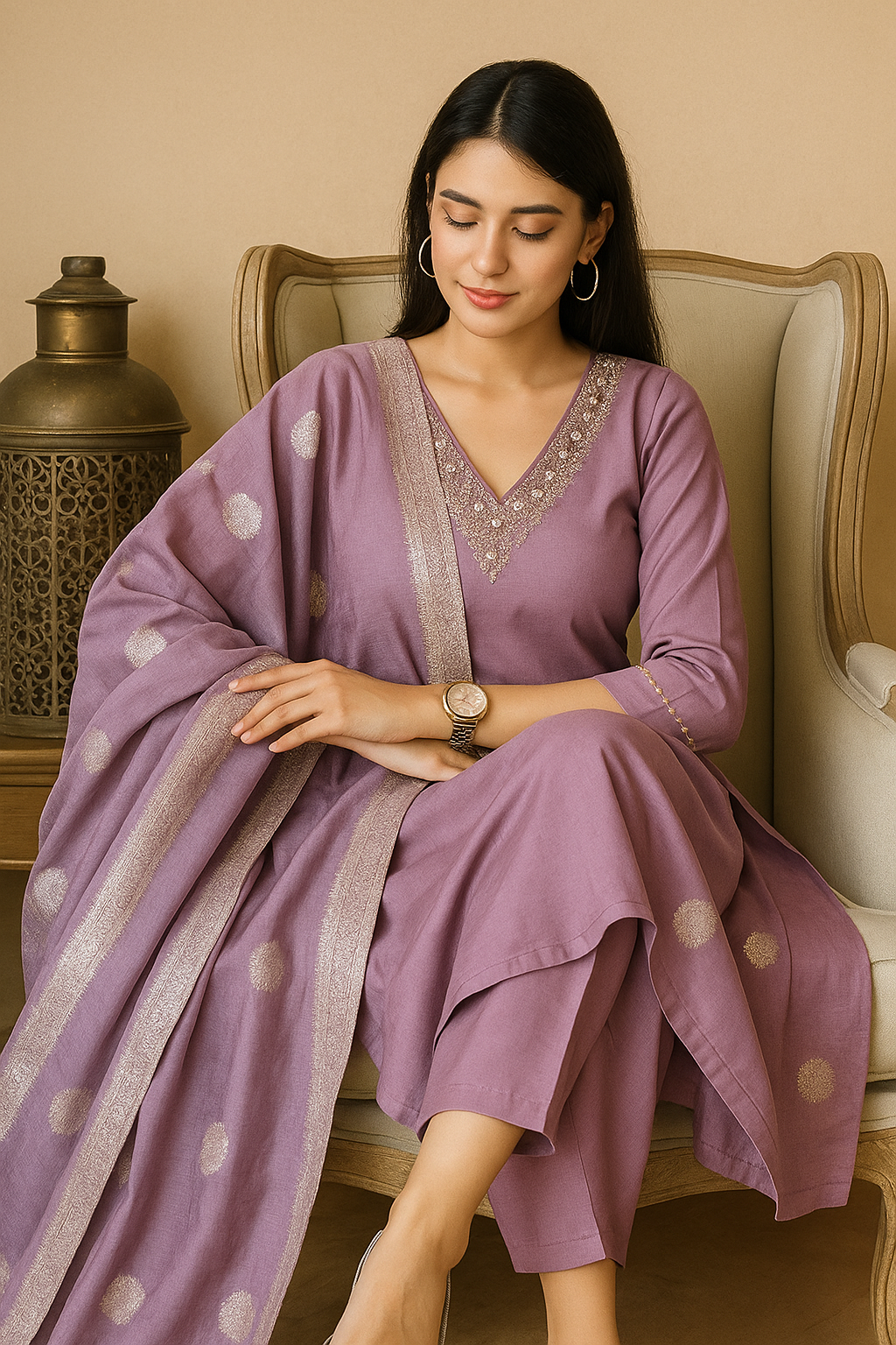 "Lavender Elegance – Embroidered Rayon Slub Kurta Set"