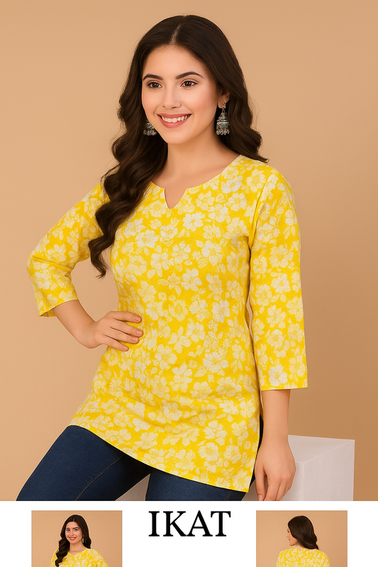 Bright Yellow Floral Printed Cotton Kurti Top