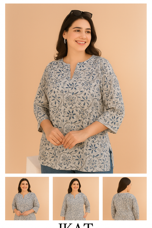 Grey & Blue Floral Printed Cotton Top with Notch Neck