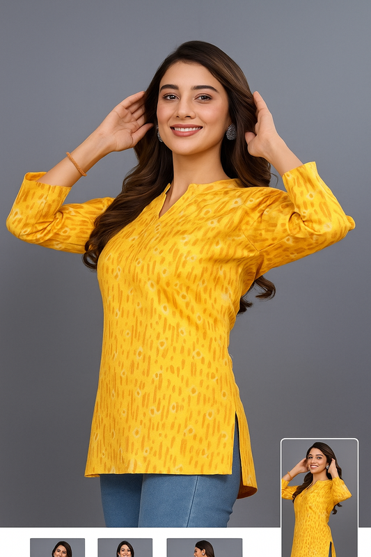 Sunshine Yellow Ikat Printed Cotton Kurti Top
