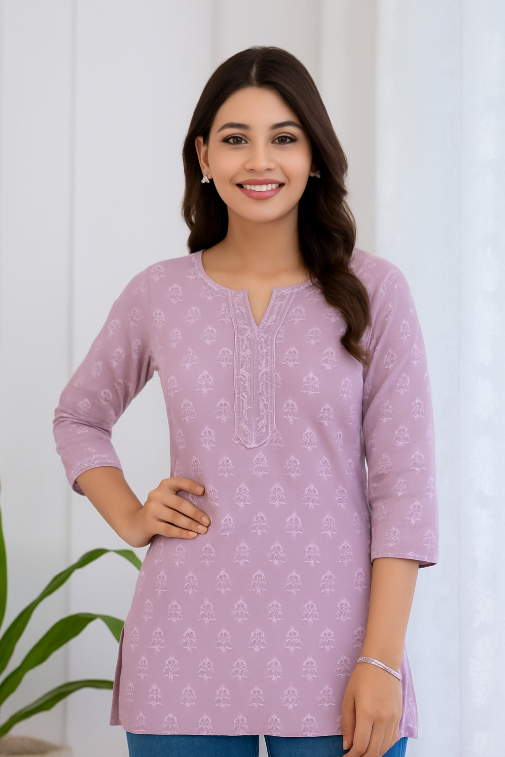 Lavender Embroidered Cotton Kurti with Subtle Ethnic Motifs