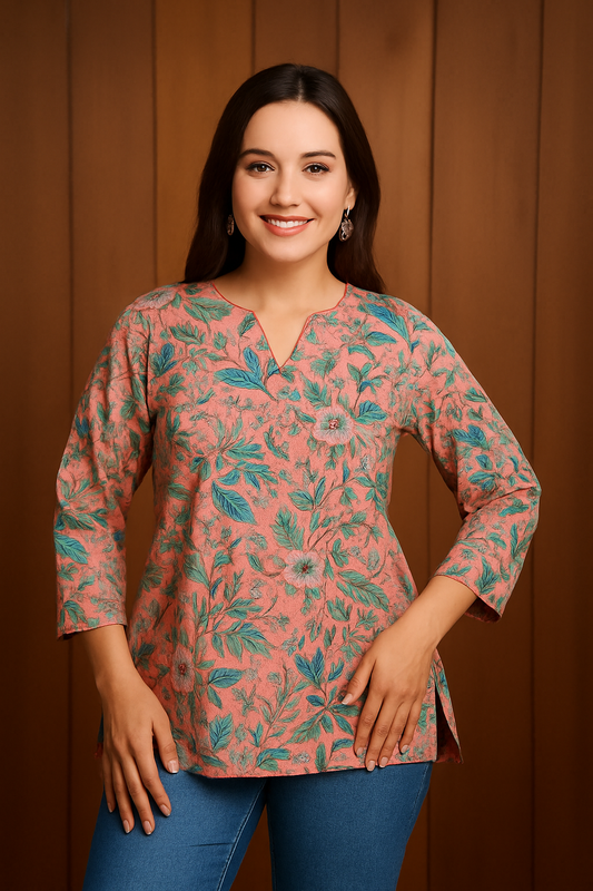 Peach & Teal Green Floral Printed Cotton Kurti Top