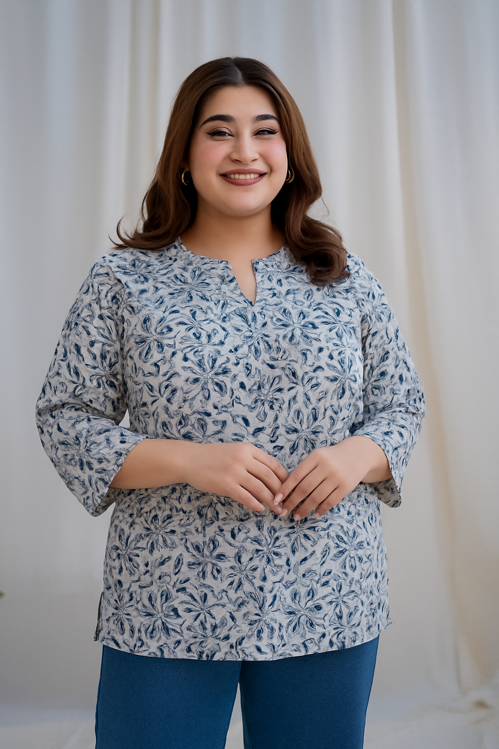 Grey & Blue Floral Printed Cotton Top with Notch Neck