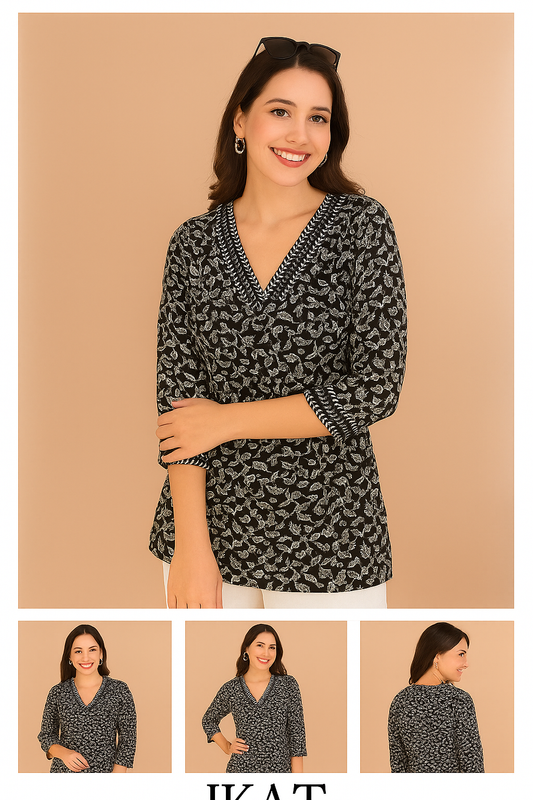 Black & White Leaf Printed Cotton V-Neck Top