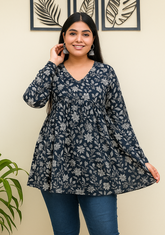 Navy Blue Floral Printed Babydoll Muski Kurti
