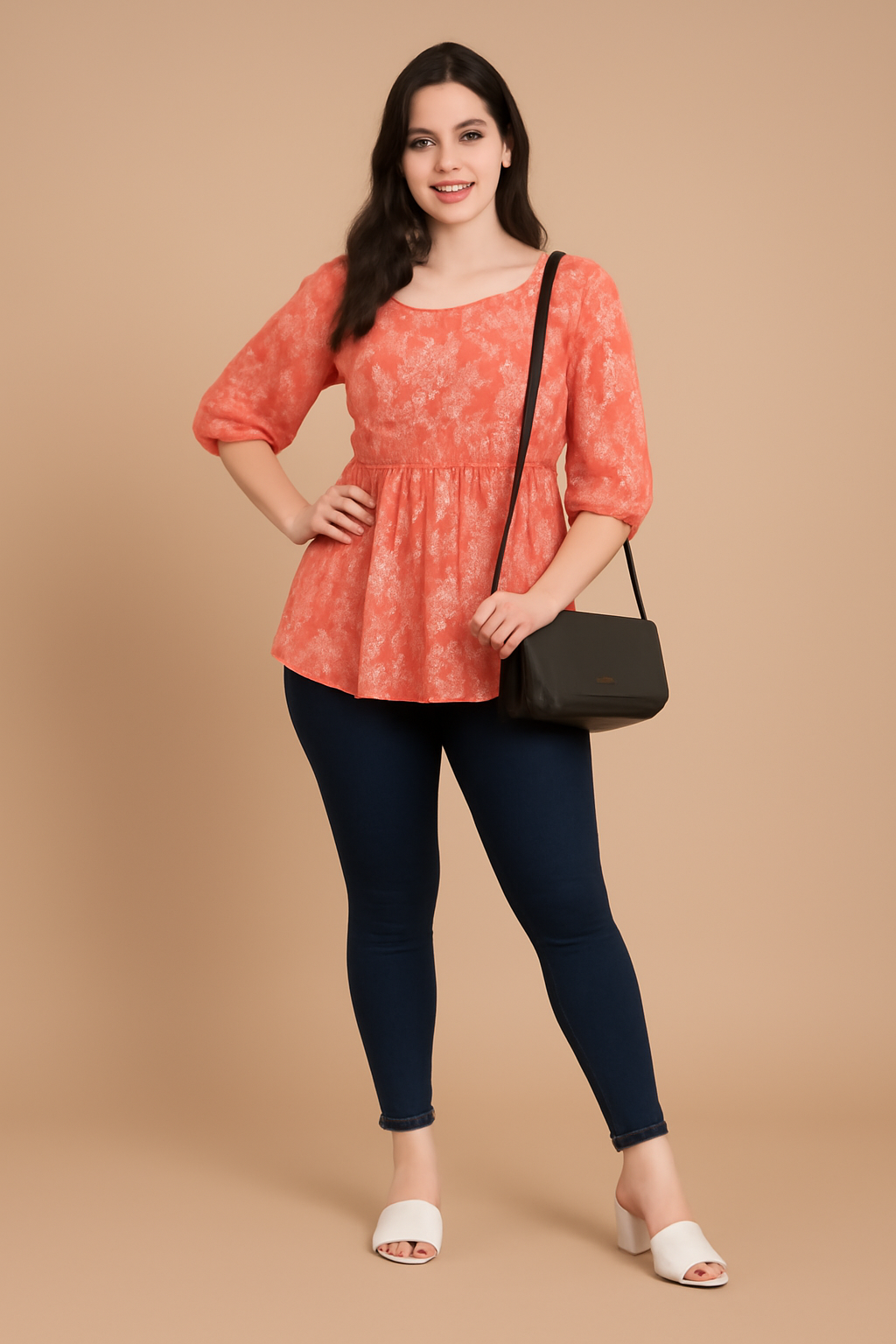 Peach Floral Ikat Printed A-Line Tunic with 3/4 Sleeves