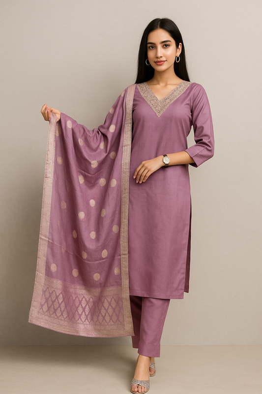 "Lavender Elegance – Embroidered Rayon Slub Kurta Set"