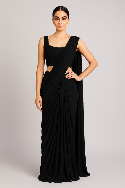Elegant Black Georgette Pre-Draped Saree with Embellished Blouse